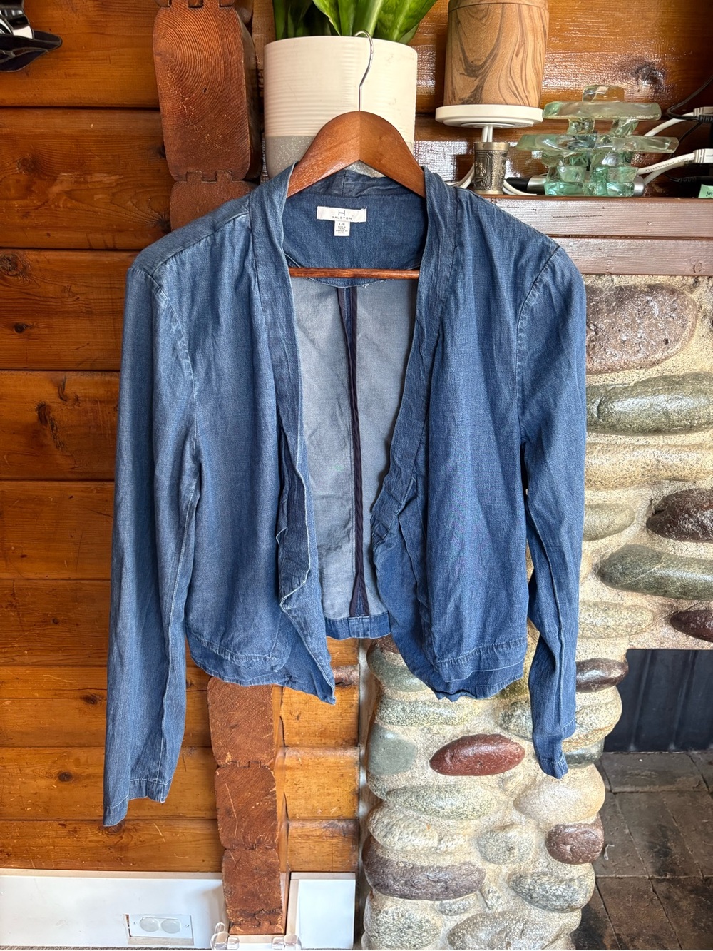 H by Halston Lyocell Chambray Draped Open Front Cardigan L